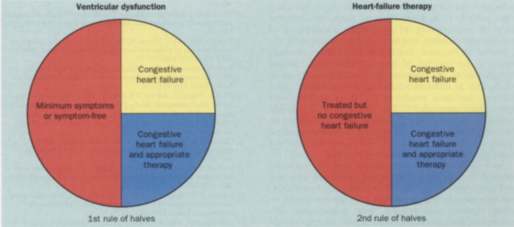 Rule of halves for ventricular dysfunction and for heart-failure therapy