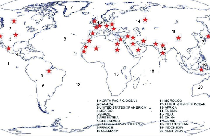 Worldwide distribution of CYP1B1 mutations (as reported in literature) in PCG. The stars show the areas where CYP1B1 mutation have been reported in PCG patients